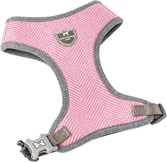 HUGO & HUDSON Dog Harness, No-Pull Anti Choke Tweed Harness Vest, Pink Herringbone, L