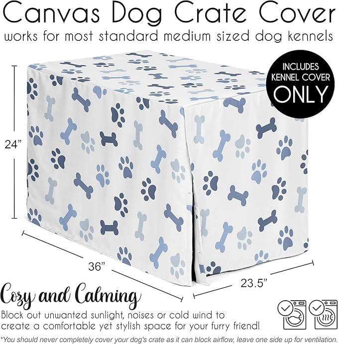 Sweet Jojo Designs Bone Paw Print Boy or Girl Gender Neutral Unisex Dog Crate Cover – Kennel Covers for 36 Inch Pet Cage Medium - Slate Navy Blue Modern Off White Gray Puppy