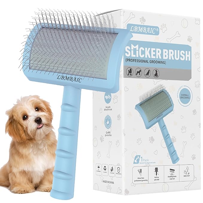 Slicker Brush for Poodles and Goldendoodles - Curved Brush for Thick, Fluffy, Shedding Fur on Dogs and Cats - Soft, Gentle Pins for Grooming (Blue)
