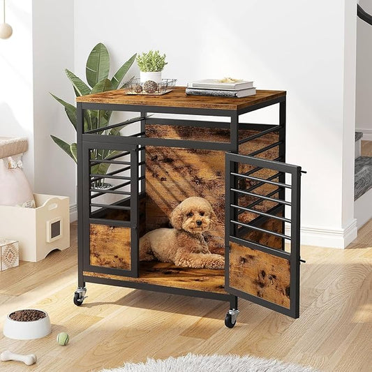DWVO Dog Crate Furniture, 24 Inch Dog Kennel Indoor Furniture End Table Cage for Dogs, Modern Decorative Crate Wooden Dogs Cage Furniture with Wheels, Chew-Resistant, Rustic Brown