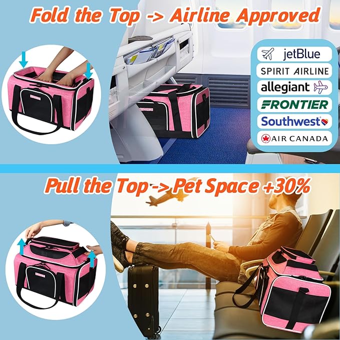 Petskd Top-Expandable Pet Carrier 17x12x8.5 Inches JetBlue Frontier Spirit Airline Approved, Soft-Sided Carrier for Small Cats and Dogs with Locking Safety Zippers and Anti-Scratch Mesh(Pink)