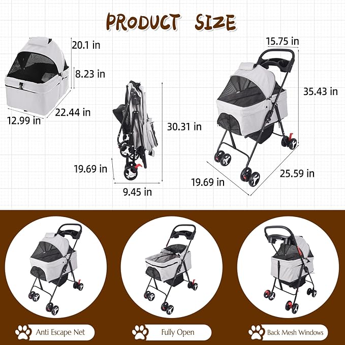 3 in 1 Dog Stroller, 4 Wheels Pet Stroller Dog Cat Stroller for Medium Small Dog Cats Up to 50lbs, Foldable Carrier Jogger Travel Puppy Stroller with Cup Holder & Breathable Mesh, Grey