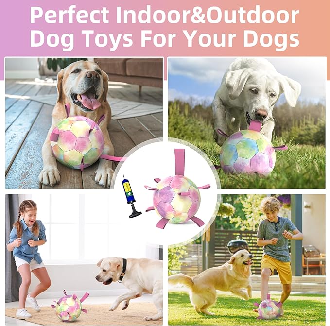 QDAN Extra Large Dog Toys Soccer Ball - Durable Dog Balls for Extra Large Dogs, Beach Pool Dog Water Toy, Interactive Dog Toys for Tug of War, Puppy Birthday Gifts, Rainbow (9 Inch)