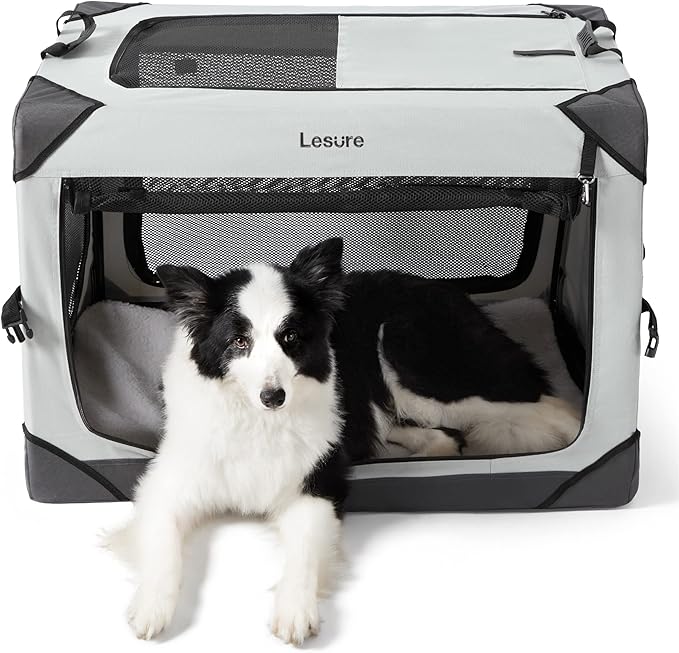 Lesure Collapsible Dog Crate - Portable Travel Kennel for Large Dog, 4-Door Pet Crate with Durable Mesh Windows, Indoor & Outdoor, Light Gray