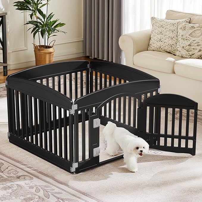 Sweetcrispy Plastic Dog Playpen - 4-Panel 24" Expandable & Durable Pet Fence for Small to Medium Dogs - Indoor & Outdoor Portable Puppy Playpen with Secure Locking Door, Black
