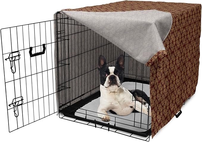 Lunarable Burgundy Dog Crate Cover, Royal Victorian Pattern with Antique Design Elements Baroque Swirls Squares, Easy to Use Pet Kennel Cover for Small Dogs Puppies Kittens, 22 Inch, Burgundy Mustard
