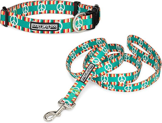 Lucky Love Dog Collar Combo Set, Matching Collar and Leash for Extra Small Dogs, Peace Sign Dog Collar and Leash Set, Convenient & Reliable (Peace on Earth Combo, Extra Small)