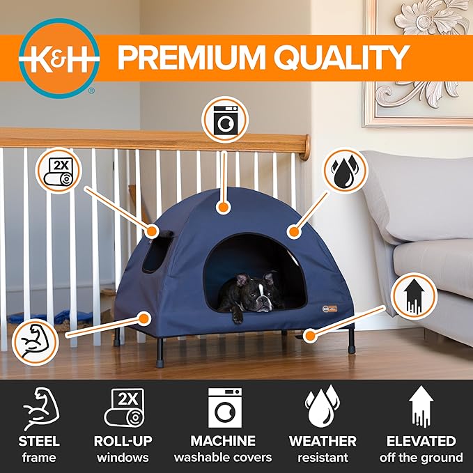 K&H Pet Products Pet Cot House for Medium Dogs, Outdoor Elevated Dog Cot House, Enclosed Canopy, Window Flaps for Air Flow, Washable Cover, Raised Metal Frame, Collapsible - Medium 32 X 25in Blue