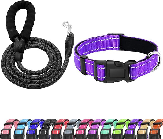 Reflective Dog Collar and Leash Set with Safety Locking Buckle, Adjustable Soft Breathable Comfortable Nylon Pet Collar for Small, Medium and Large Dogs(Collar+Leash M Neck 14"-20" Purple)