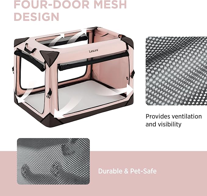 Lesure Collapsible Dog Crate - Portable Travel Kennel for Medium Dog, 4-Door Pet Crate with Durable Mesh Windows, Indoor & Outdoor, Pink