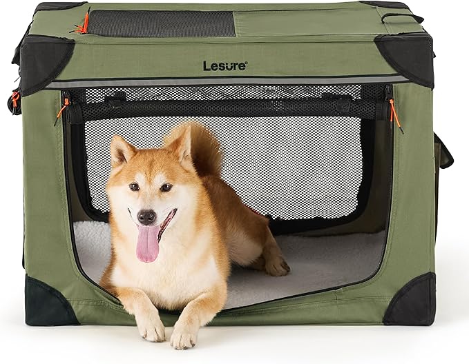 Lesure Soft Collapsible Dog Crate - 30 Inch Portable Travel Crate for Medium Dogs Indoor & Outdoor, 4-Door Foldable Pet Kennel with Durable Mesh Windows, Green