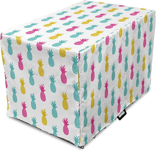 Lunarable Yellow Pineapple Dog Crate Cover, Rhythmic Ananas Fruits in Colorful Design Summer Tropical Concept, Easy to Use Pet Kennel Cover for Small Dogs Puppies Kittens, 22 Inch, Turquoise Hot Pink