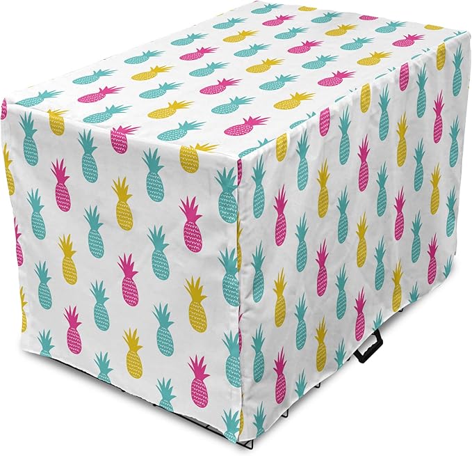 Lunarable Yellow Pineapple Dog Crate Cover, Rhythmic Ananas Fruits in Colorful Design Summer Tropical Concept, Easy to Use Pet Kennel Cover for Medium Large Dogs, 48 Inch, Turquoise Hot Pink