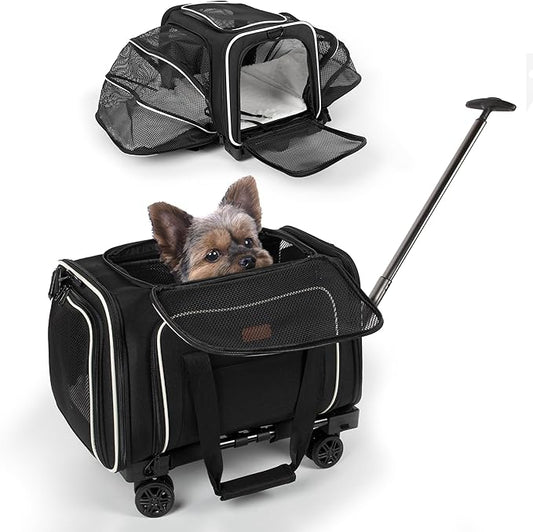 Pet Carrier for Travel - Airline Approved - Dogs/Cats Expandable & Roomy - Premium Pets Carrier with Wheels - Cozy Soft-Lined Travel Carrier - Stylish Black Design