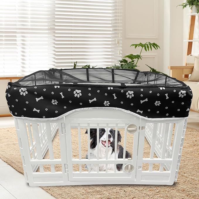 PJYuCien Dog Playpen Mesh Top Cover, Fits 36 Inch 4 Panels Regular Square Plastic Exercise Pet Pen, Adhesive Tape Connections, Black paw (Note: Cover Only, Fence Not Included)