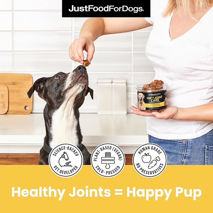 JustFoodForDogs Hip + Joint Soft Chews Mobility Supplement for Dogs with Glucosamine and Chondroitin, Superfood Blend, Human Grade, Plant-Based - 45 Count