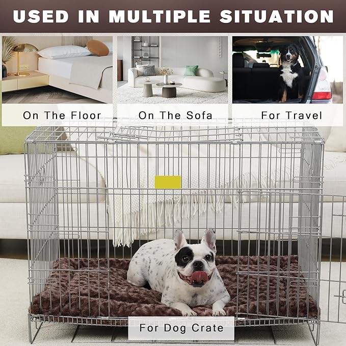 Washable Dog Bed Mat Reversible Dog Crate Pad Soft Fluffy Pet Kennel Beds Dog Sleeping Mattress for Large Jumbo Medium Small Dogs, 35 x 22 Inch, Brown