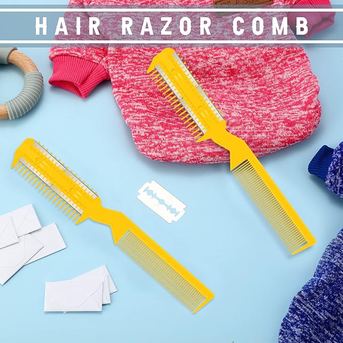 Yinkin 5 Pieces Razor Comb for Dogs Hair Grooming Trimmer for Pet Razor Comb with 25 Extra Blades Manual Dog Hair Trimmer Double Edge for Cats Hair Cutting Tool(Yellow)