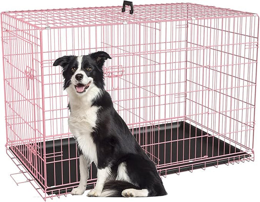 FDW Dog Crate for Large Dogs 42 Inch Folding Metal WirePet Cage Double Door W/Divider Panel Indoor Outdoor Kennel Leak-Proof Plastic Tray,Pink