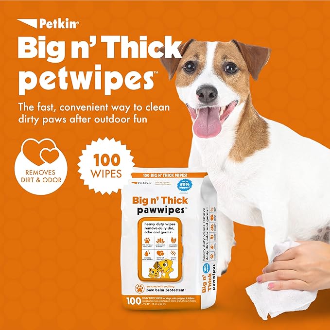 Petkin Big N' Thick Paw Wipes for Dogs, 100 Large Wipes (4 Pack) - Clean Dirty Paws After Walks, with Paw Balm Protectant - Keep Floors and Furniture Clean - Ideal for Home or Travel - Orange Scent