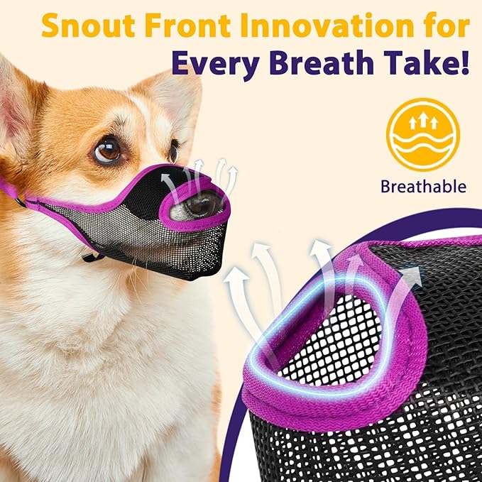 LUCKYPAW Dog Muzzle, Mesh Muzzle for Large Medium Small Dogs with Front Opening Design, Dog Mouth Cover to Prevent Biting, Licking, Chewing, Scavenging, Allows Drinking (L-Snout:9¾-11", Purple)