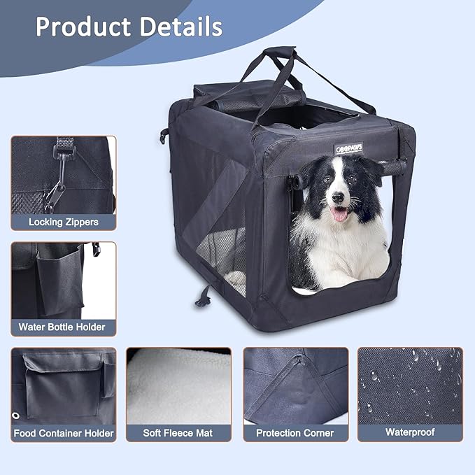 JESPET 30'' Soft Dog Crates Kennel for Pets, 3 Door Soft Sided Folding Travel Pet Carrier with Straps and Fleece Mat for Dogs, Cats, Rabbits, Grey Blue, Beige & Black (30”L x 21”W x23” H, Black)