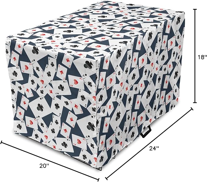 Lunarable Casino Dog Crate Cover, Realistic Style Random Scattered Playing Cards Leisure Time Hobby Games, Easy to Use Pet Kennel Cover for Cats & Medium Dogs, 24 Inch, Cadet Blue Black Red