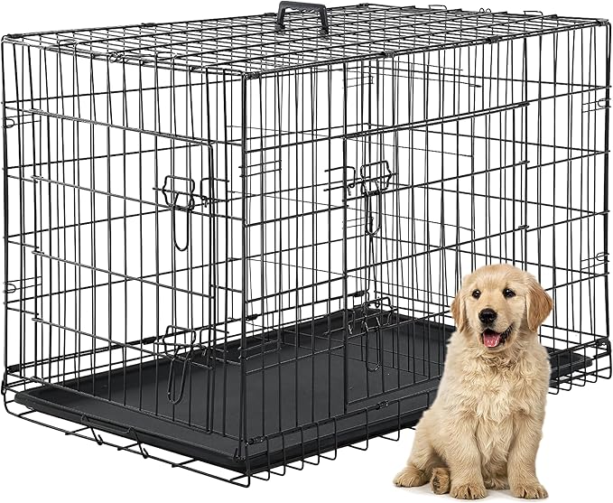 Furniture of America Yucca Metal Double Door Folding Wire Pet Crate with Divider, Removable Tray, and Handle for Outdoor and Indoor Medium Dog, 48-inch, Black