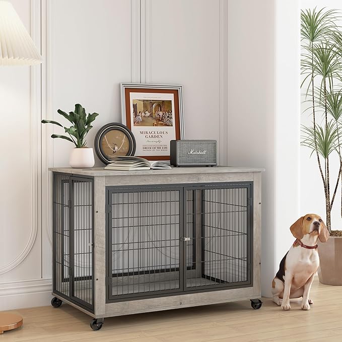 KEIKI Dog Crate Furniture, 43" Iron Dog Crate with Side Openings, Double-Door Dog House for Small/Medium/Large Dog, Grey