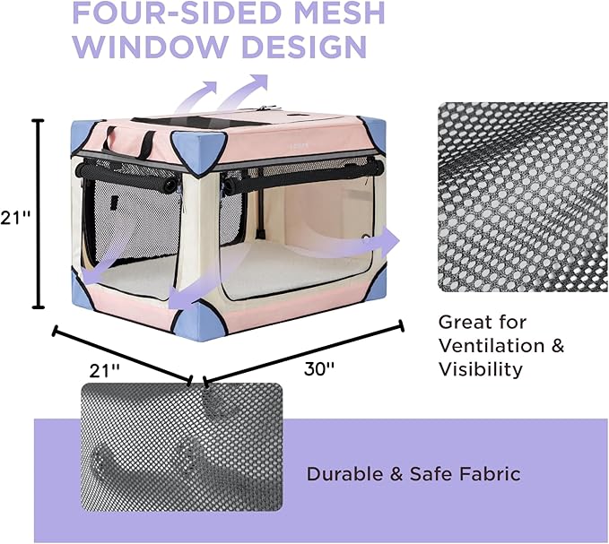 Lesure Soft Collapsible Dog Crate - 30 Inch Portable Travel Crate for Medium Dogs Indoor & Outdoor, 4-Door Foldable Pet Kennel with Durable Mesh Windows, Pink