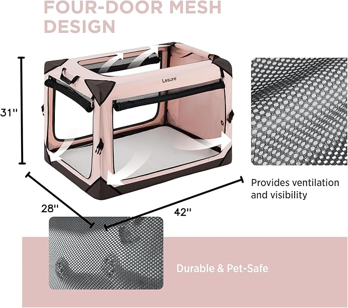 Lesure Collapsible Dog Crate - Portable Travel Kennel for Extra Large Dog, 4-Door Pet Crate with Durable Mesh Windows, Indoor & Outdoor, Pink