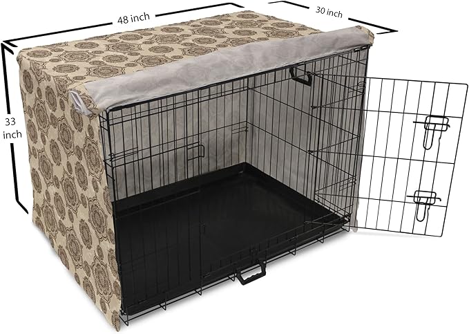 Lunarable Cream Dog Crate Cover, Vintage Eastern Inspired Design with Symmetrical Elements Abstract Flower Arrangement, Easy to Use Pet Kennel Cover for Medium Large Dogs, 48 Inch, Tan Brown