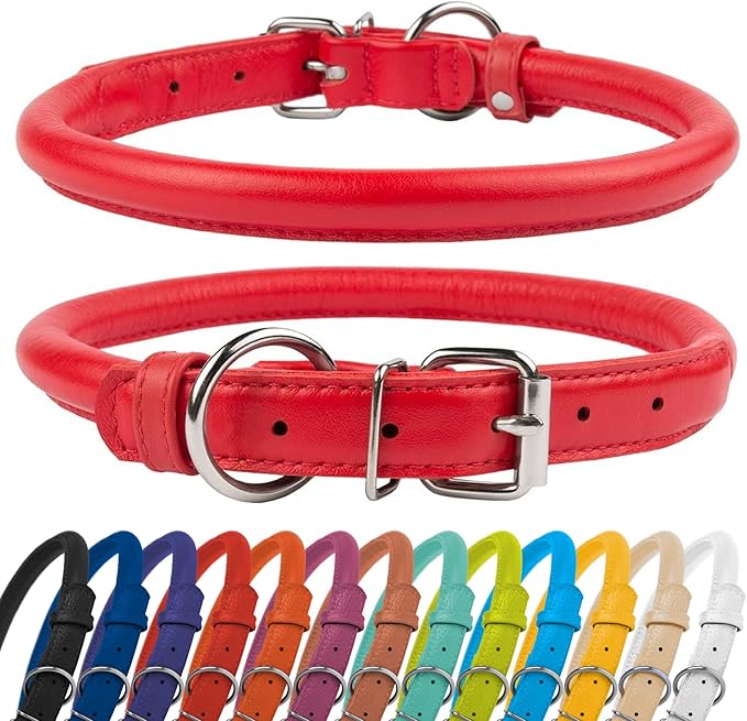 CollarDirect Rolled Leather Dog Collar, Soft Padded Round Puppy Collar, Handmade Genuine Leather Collar Dog Small Large Cat Collars 13 Colors (6-7 Inch, Red Textured)