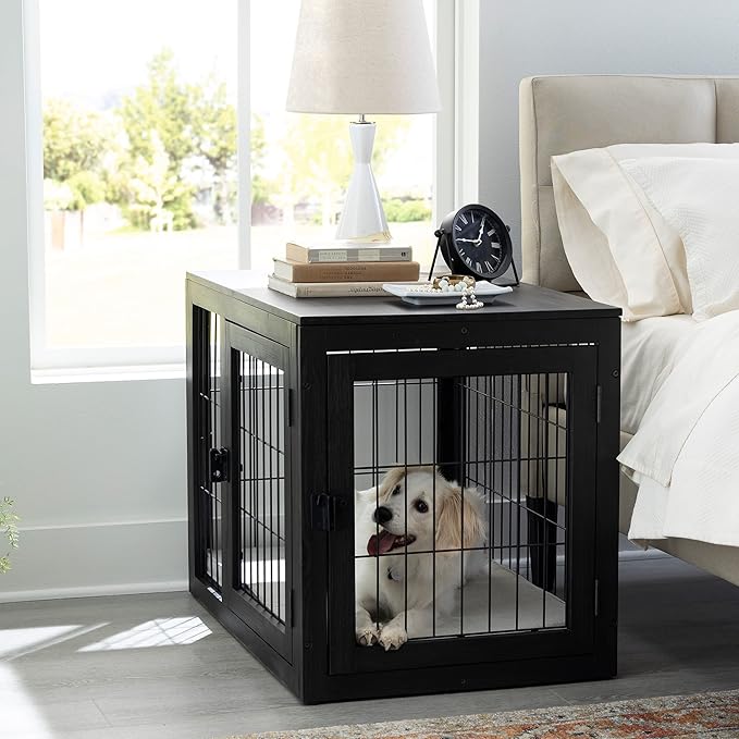 Furniture-Style Dog Crate - Acacia Wood Kennel for Medium Dogs with Double Doors and Cushion - Dog Cage Furniture by PETMAKER (Black)