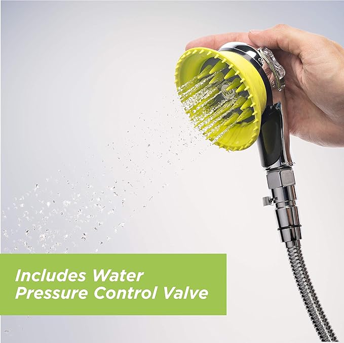 WD Handheld Shower Brush with On/Off Switch and Water Pressure Control | Shield Water While Brushing and Washing Simultaneously | Dog Washing Shower Attachment