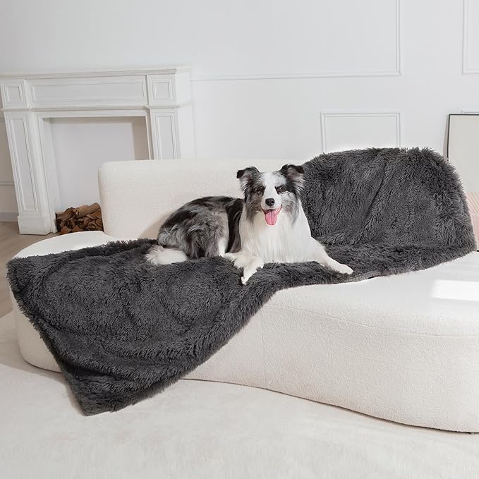 gogobunny Waterproof Plush Long Faux Fur Pet Throw Blanket Ultra Soft Fluffy Bed Couch Cover Washable - Premium Flannel Calming Blankets for Dog Puppy Cat (60x80 Inch (Pack of 1), Grey)