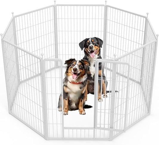 HealSmart Dog Playpen 40 Inch 8 Panels, Heavy Duty Metal Portable Pet Playpen Indoor Outdoor for Camping, Yard, RV, Garden Fence, Privacy Patio, White