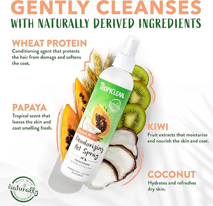 TropiClean Dog Perfume, Long Lasting Papaya Cologne, Deodorizing Spray for Smelly Dogs, After Bath Detangling Spray with Vitamin E, Safe for Cats, 8oz.