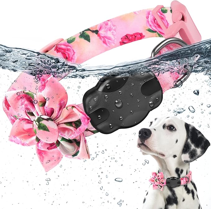 Airtag Dog Collar for Medium Dogs, Rose-Pink Dog Collars Girl with AirTag Holder Waterproof Airtag Case, Including Flower Spring Dog Collar Bowtie, for All Female Dogs 