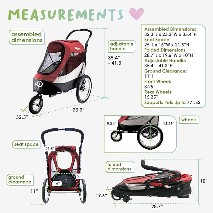 Petique Trailblazer Pet Jogger/Stroller, Bike Trailer, Shock Absorbing Bike Wheels, Large Entry Way, Peek-a-Boo Window, Small/Medium/Large Dogs, Cats and Pets, Supports up to 77LBS - Mars (Red)