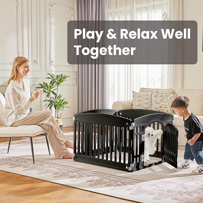 Sweetcrispy Plastic Dog Playpen - 4-Panel 24" Expandable & Durable Pet Fence for Small to Medium Dogs - Indoor & Outdoor Portable Puppy Playpen with Secure Locking Door, Black