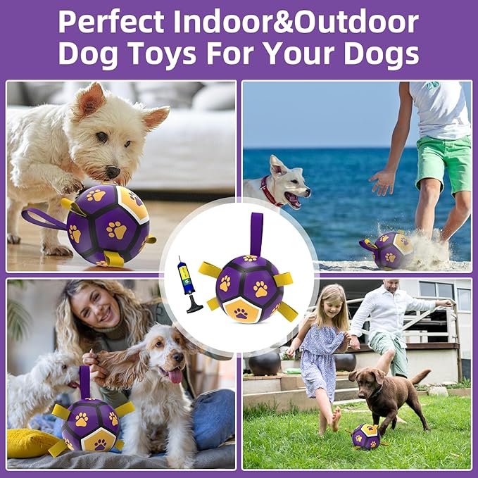 QDAN Dog Toys Soccer Ball - Durable Dog Balls for Small Dogs, Puppy Birthday Gifts, Dog Tug Toy with Strap for Tug of War (5 Inch)