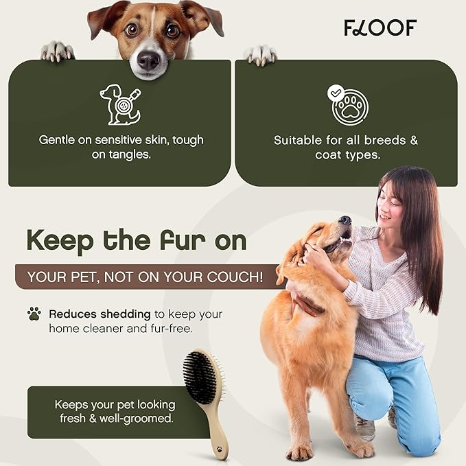 Floof Double-Sided Pet Brush,Metallic Pins & Vegan Boar Bristles for Long & Short Haired Dogs and Cats | Premium Wooden Handle for Comfort | Eco-Friendly Deshedding,Gentle Detangling,& Easy to Clean