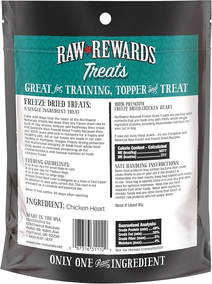 Northwest Naturals Raw Rewards Freeze-Dried Chicken Heart Treats for Dogs and Cats - Bite-Sized Pieces - Healthy, 1 Ingredient, Human Grade Pet Food, Natural - 10 Oz (Pack of 3)