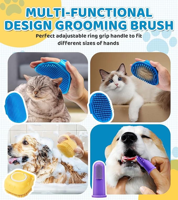 4PCS Dog Bath Brush – Soft Silicone Pet Grooming & Shampoo Scrubber for Dogs and Cats, Massage Brush for Bathing & Cleaning (Yellow & Blue)