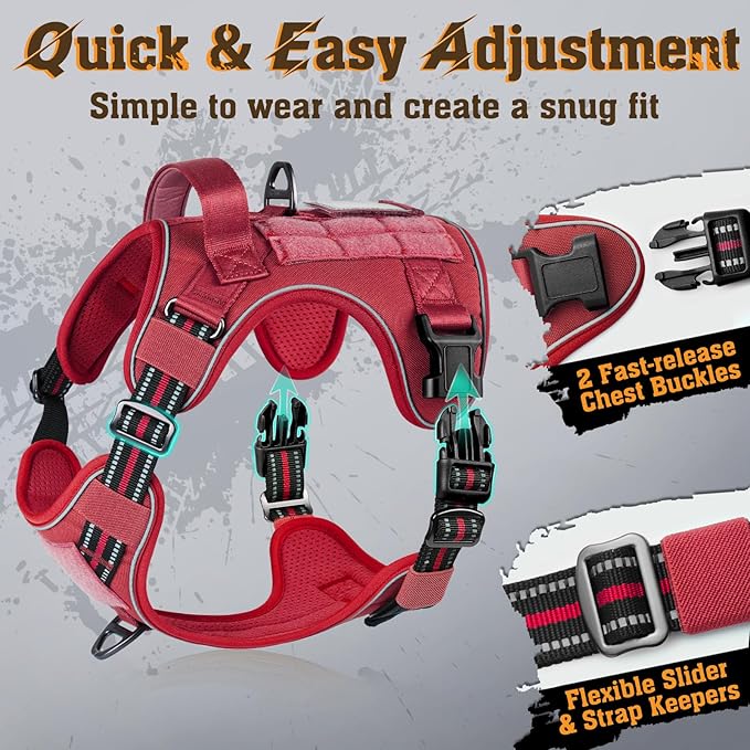 rabbitgoo Dog Harness Medium Sized No Pull, Tactical Service Dog Vest with Molle and Control Handle, Adjustable and Reflective Military Pet Harness for Easy Walking and Training, Red, M