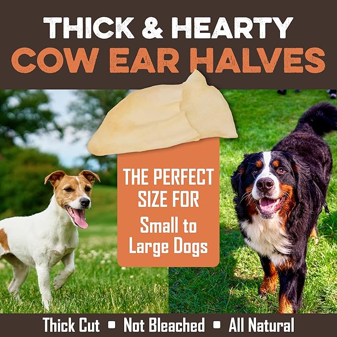 Premium Cow Ears For Dogs, Thick Cut & All-Natural Half Ears, 100% Grass Fed Beef, No Additives Or Hormones, Safe Rawhide Alternative, Great Dog Treat Alternative To Pig Ears, Bully Sticks, Dog Bones
