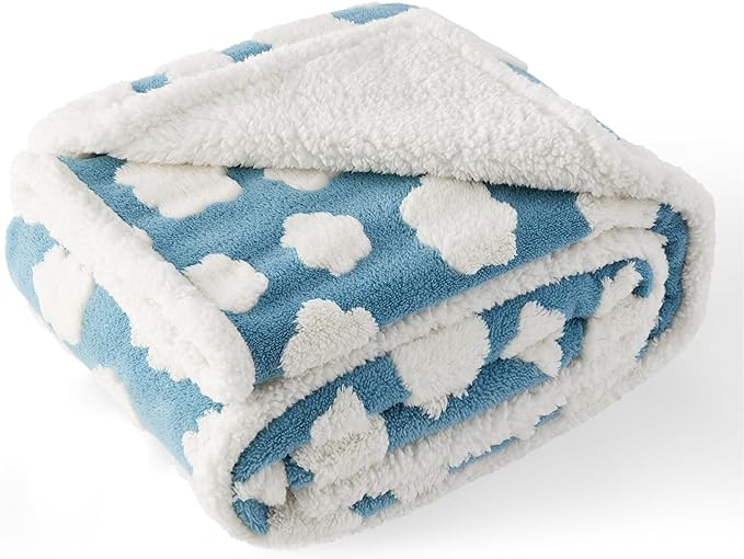 Lesure Waterproof Dog Blanket for Large Dogs - Washable Double Sided Dog Blankets with Warm Jacquard Shag and Soft Sherpa Fleece, Pet Cat Blanket for Bed Protection, 3D Textured Cloud, Blue