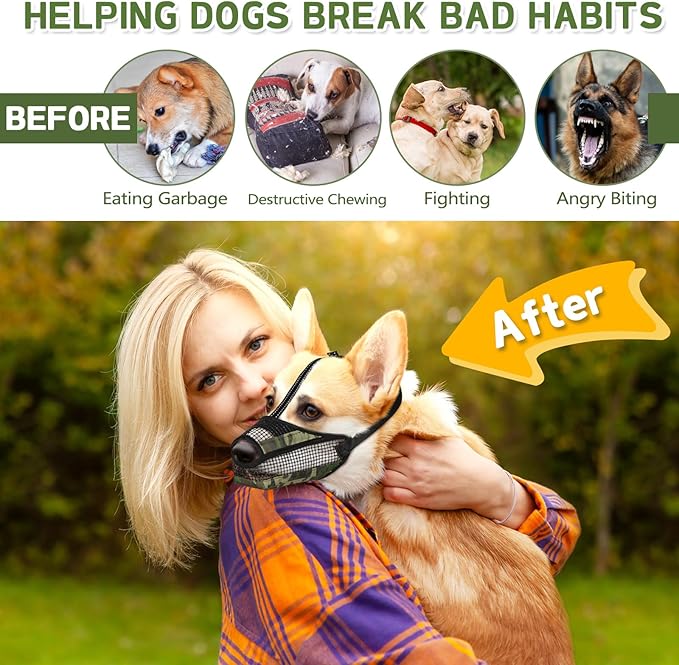 Dog Muzzle for Large Medium Small Dogs, Soft Mesh Muzzle for Dogs with Reflective Adjustable Strap, Prevent Biting Chewing and Licking, Dog Nose Open Design for Reduction Friction (Camo, XS)