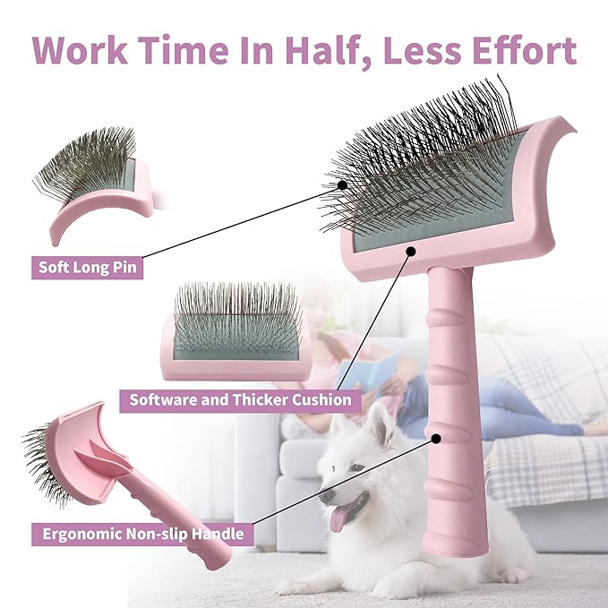 Firm Pet Grooming Kit: 25mm Extra Long Pin Brush for Goldendoodles, Wire Deshedding Brush, Removes Loose Hair & Undercoat (Pink)